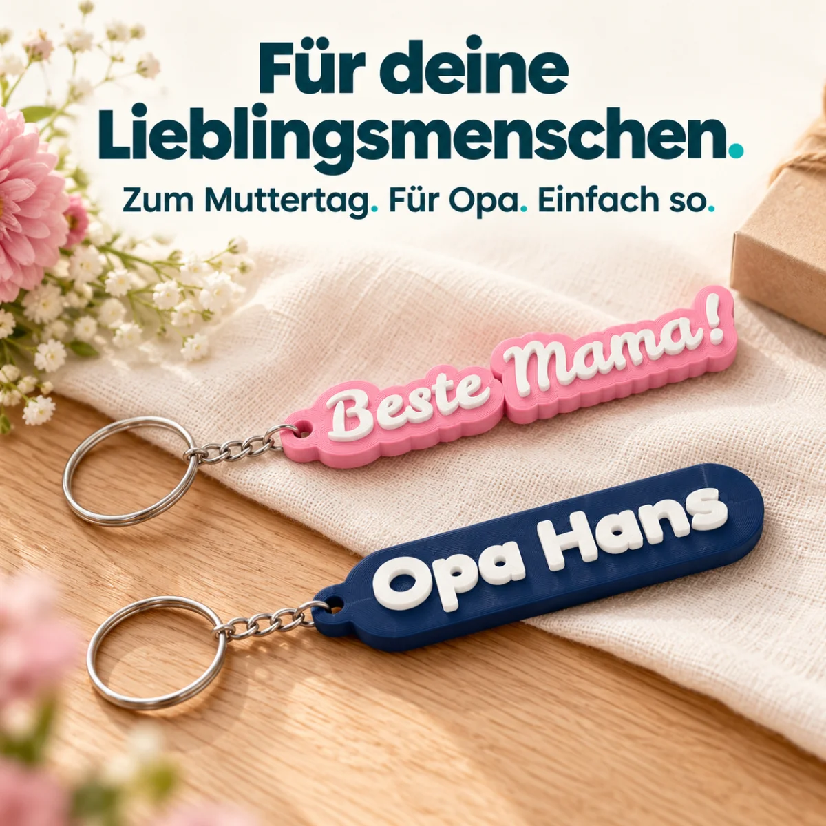Zwei Schlüsselanhänger auf Holz und Stoff: ein rosa Anhänger mit weißer Schreibschrift „Beste Mama!“, darunter ein…