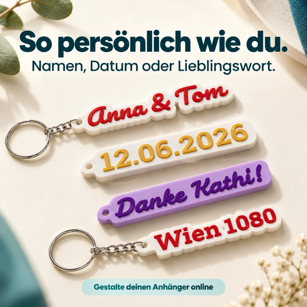 Vier Schlüsselanhänger auf hellem Untergrund mit Schrift in Rot, Gelb und Violett, teils mit Schlüsselring, teils mit Kette.