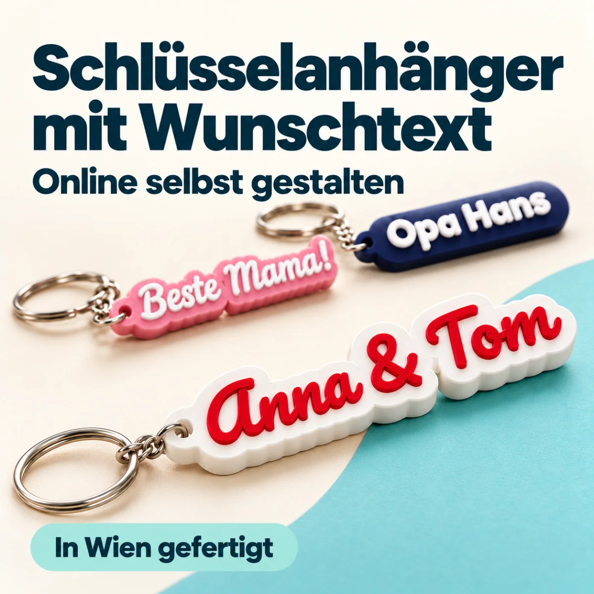 Personalisierte 3D-gedruckte Schlüsselanhänger mit erhabenen Namen und Wunschtexten in mehreren Farben (8)