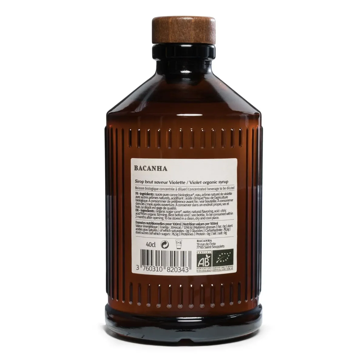 Braune Glasflasche mit Holzverschluss, Etikett mit Produktinformationen und Bio-Siegel, 400 ml Veilchensirup.