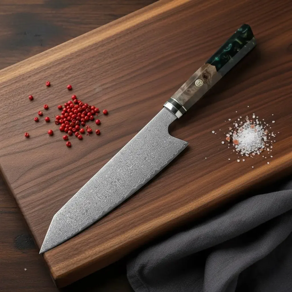 Kochmesser mit Damaststahl-Klinge und grünem Griff auf Holzbrett, daneben rote Pfefferkörner und Salz.