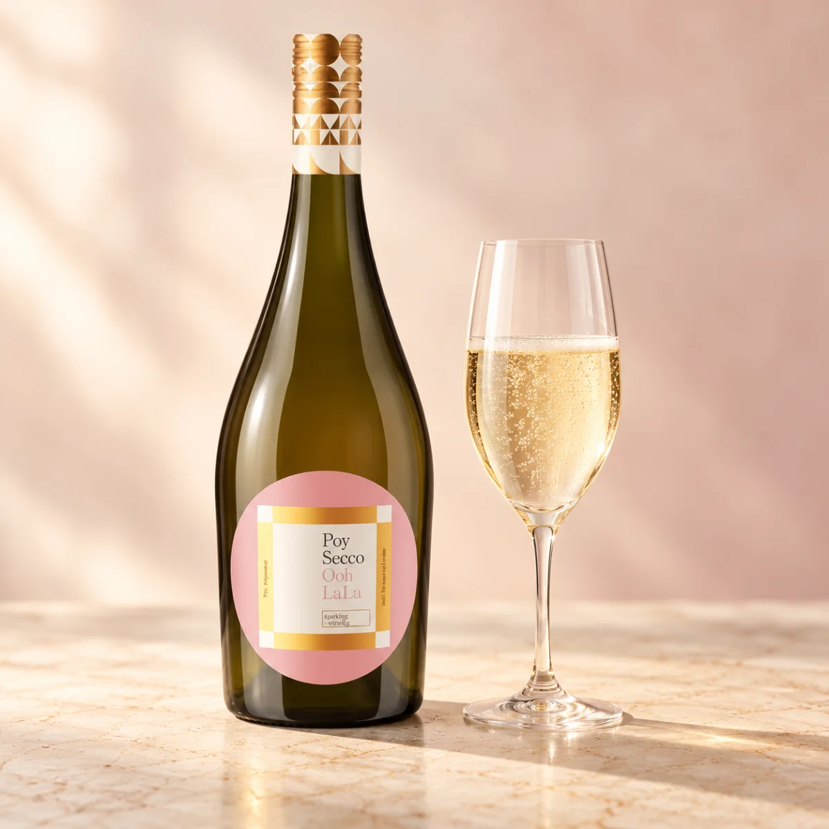 Grüne Weinflasche mit rosa-goldenem Etikett und goldener Kapsel, daneben ein Glas mit perlendem hellgelbem Wein auf hellem…