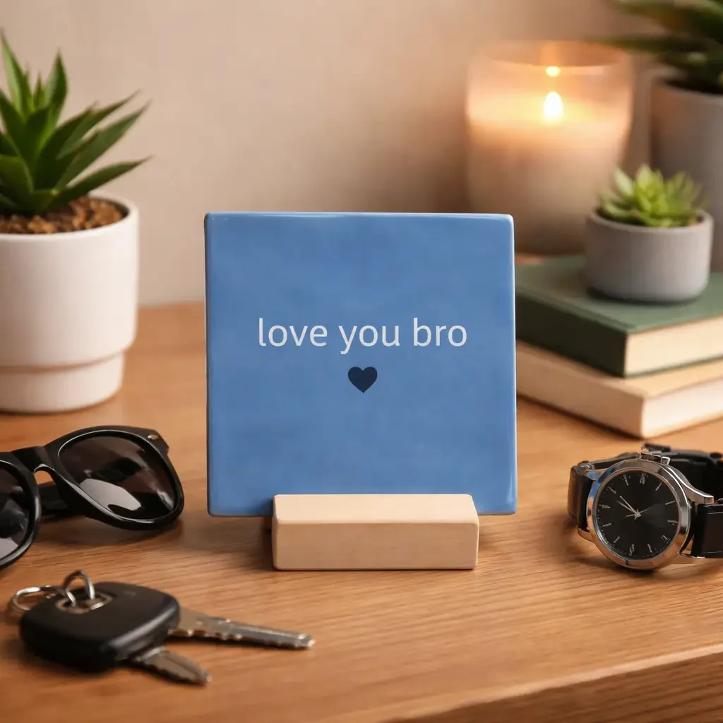 Blaue Keramikfliese mit weißem Text „love you bro