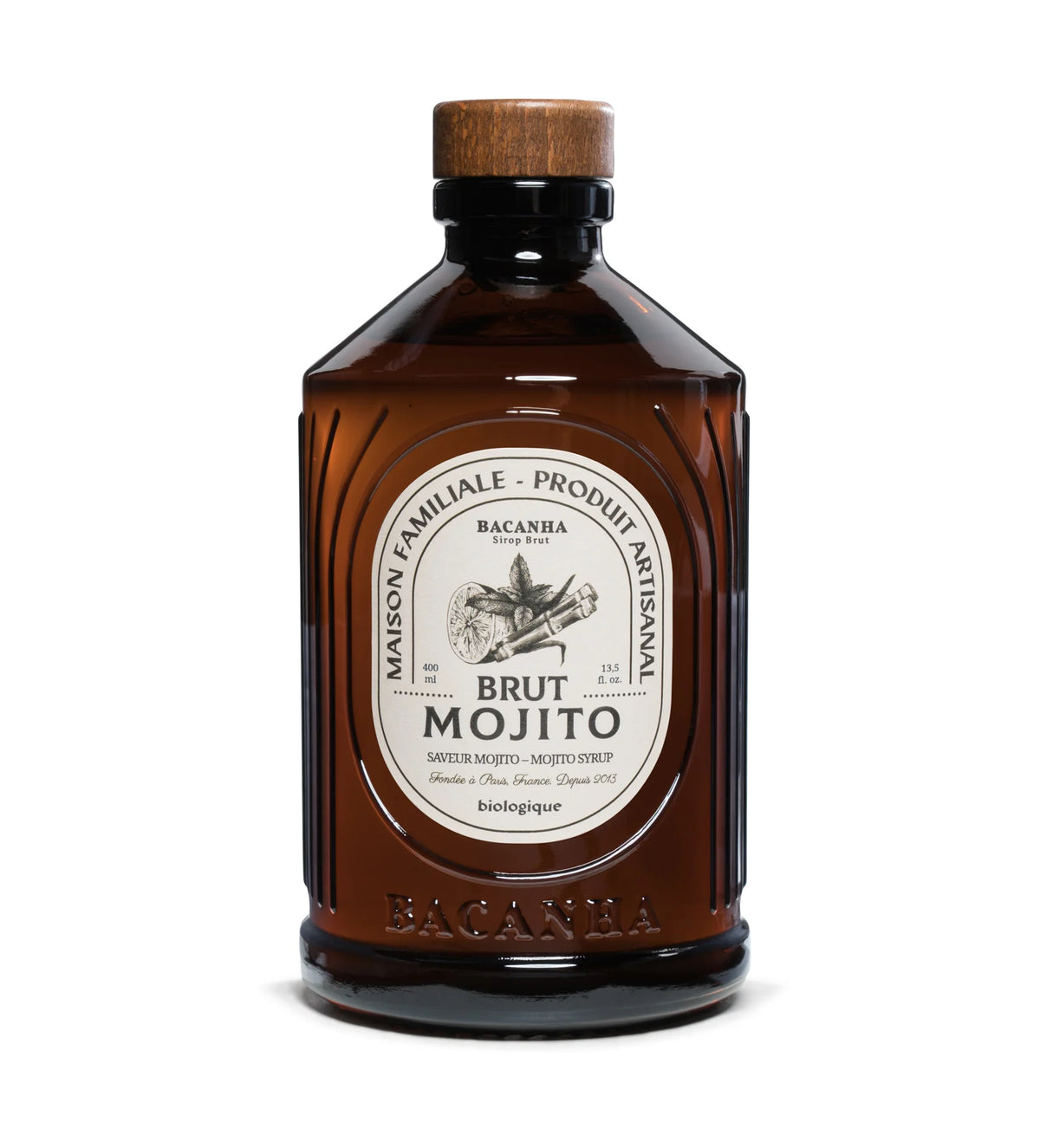 Mojito Sirup, Glasflasche in Braun mit Holzverschluss, Etikett mit Minze- und Limettenmotiv, Frontalansicht