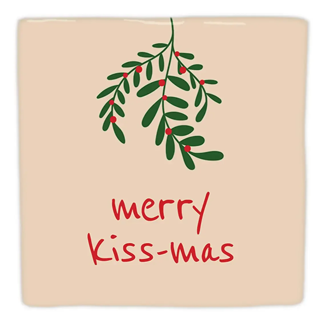 Deko Fliese Weihnachten: beige Keramik mit Mistelzweig und rotem Schriftzug „merry kiss-mas