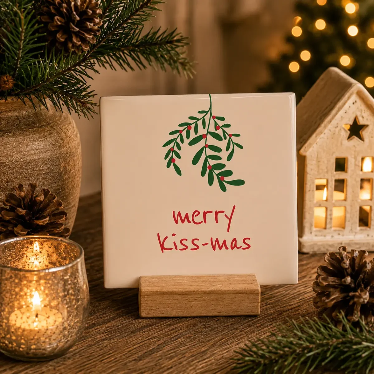 Keramikfliese 10×10 cm mit grünem Mistelzweig und rotem Text „merry kiss-mas