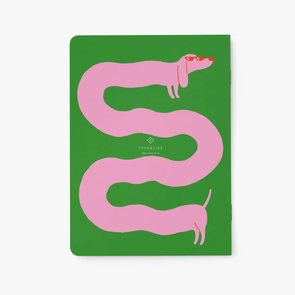 Notizheft DIN A5 mit abgerundeten Ecken, grüner Umschlag, rosa Dackel-Illustration von oben bis unten