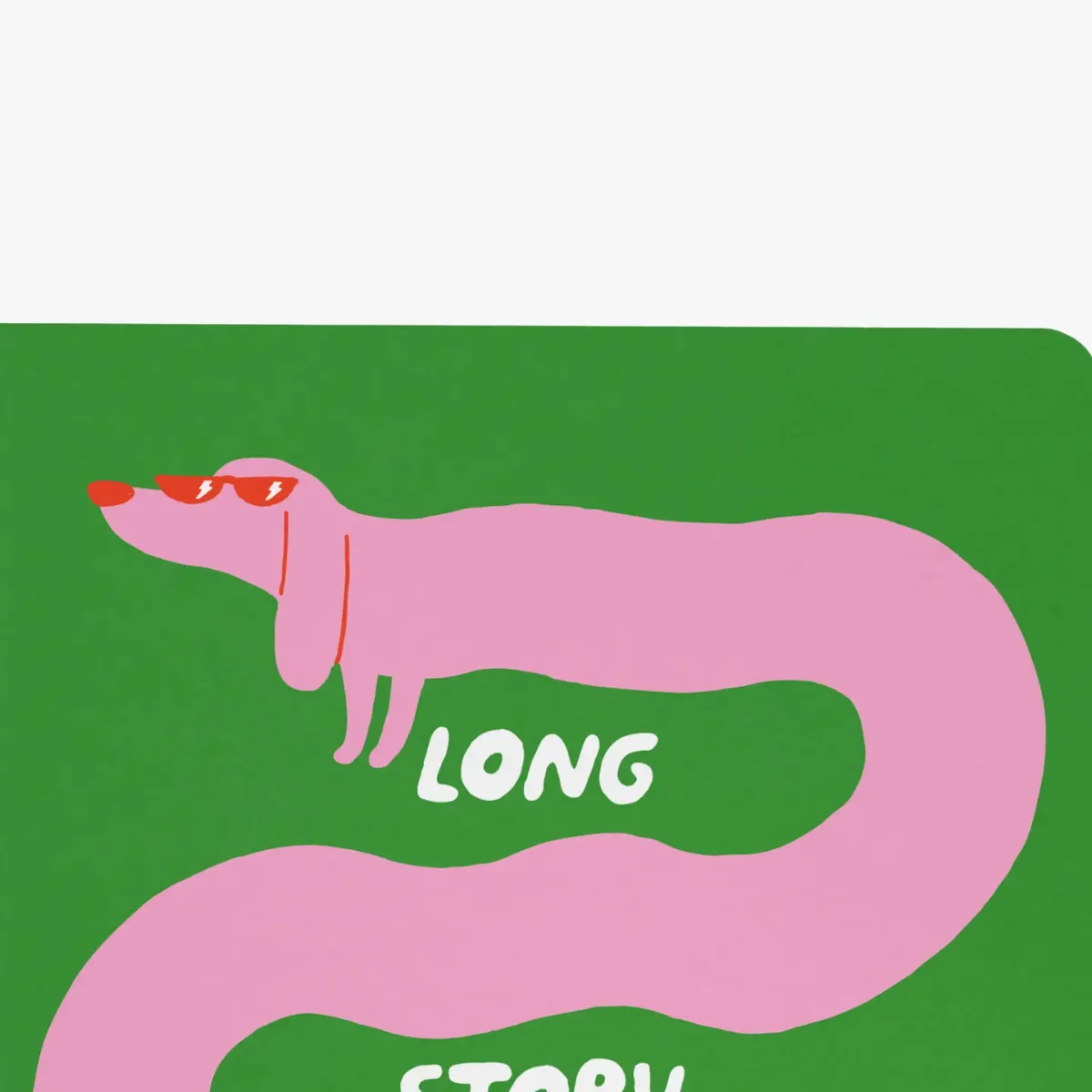 Notizheft-Umschlag mit rosa Dackel-Illustration und Schriftzug „LONG STORY