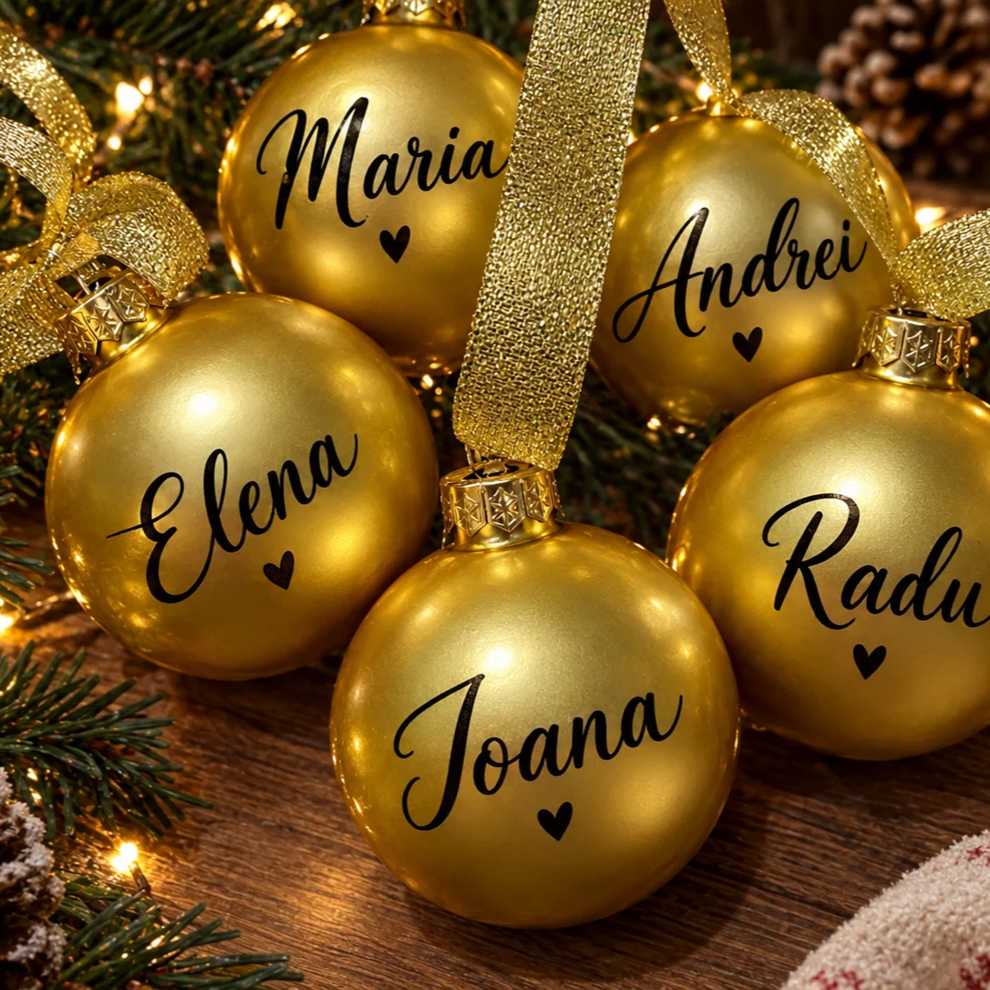 Fünf goldene matte Glaskugeln mit schwarzer Schrift, auf den Namen Maria, Andrei, Elena, Radu und Joana, je mit kleinem…