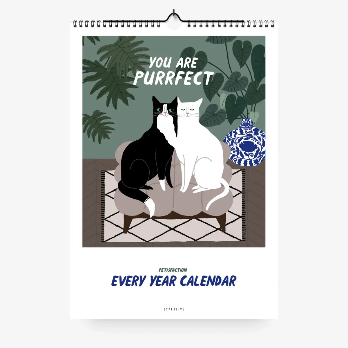 Wandkalender DIN A4 mit Illustration zweier Katzen auf Sessel, Pflanzen im Hintergrund, Text „You are Purrfect
