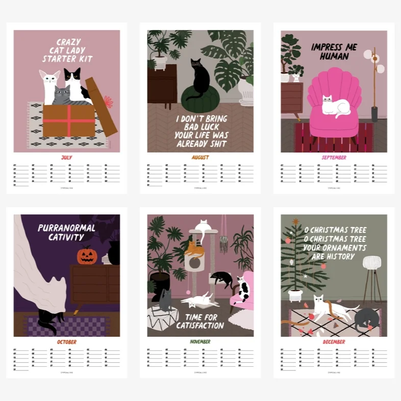Immerwährender DIN-A4-Wandkalender mit illustrierten Katzen, Monatsseiten und schwarzer Ringbindung (3)