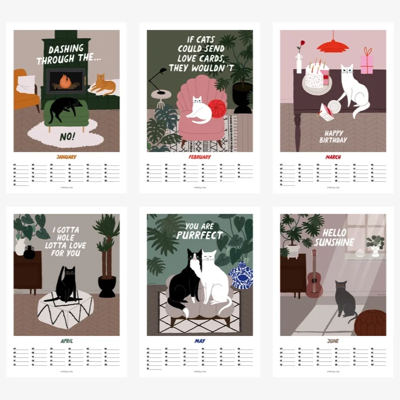 Immerwährender DIN-A4-Wandkalender mit illustrierten Katzen, Monatsseiten und schwarzer Ringbindung (4)