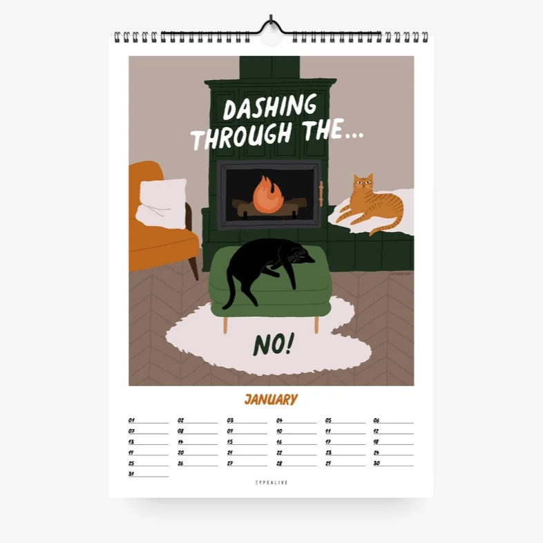 Immerwährender DIN-A4-Wandkalender mit illustrierten Katzen, Monatsseiten und schwarzer Ringbindung (5)
