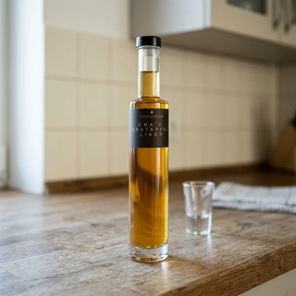 Bratapfel Likör in schlanker Flasche mit schwarzem Etikett, neben einem leeren Glas auf Holztisch