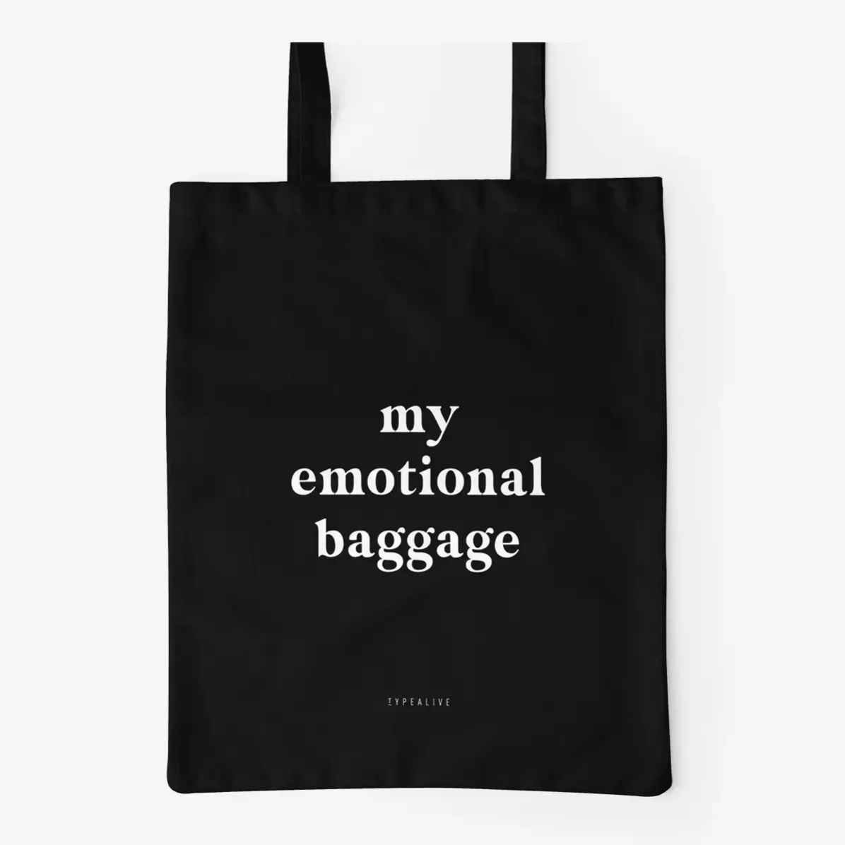 Schwarze Baumwolltasche mit weißem Schriftzug „my emotional baggage