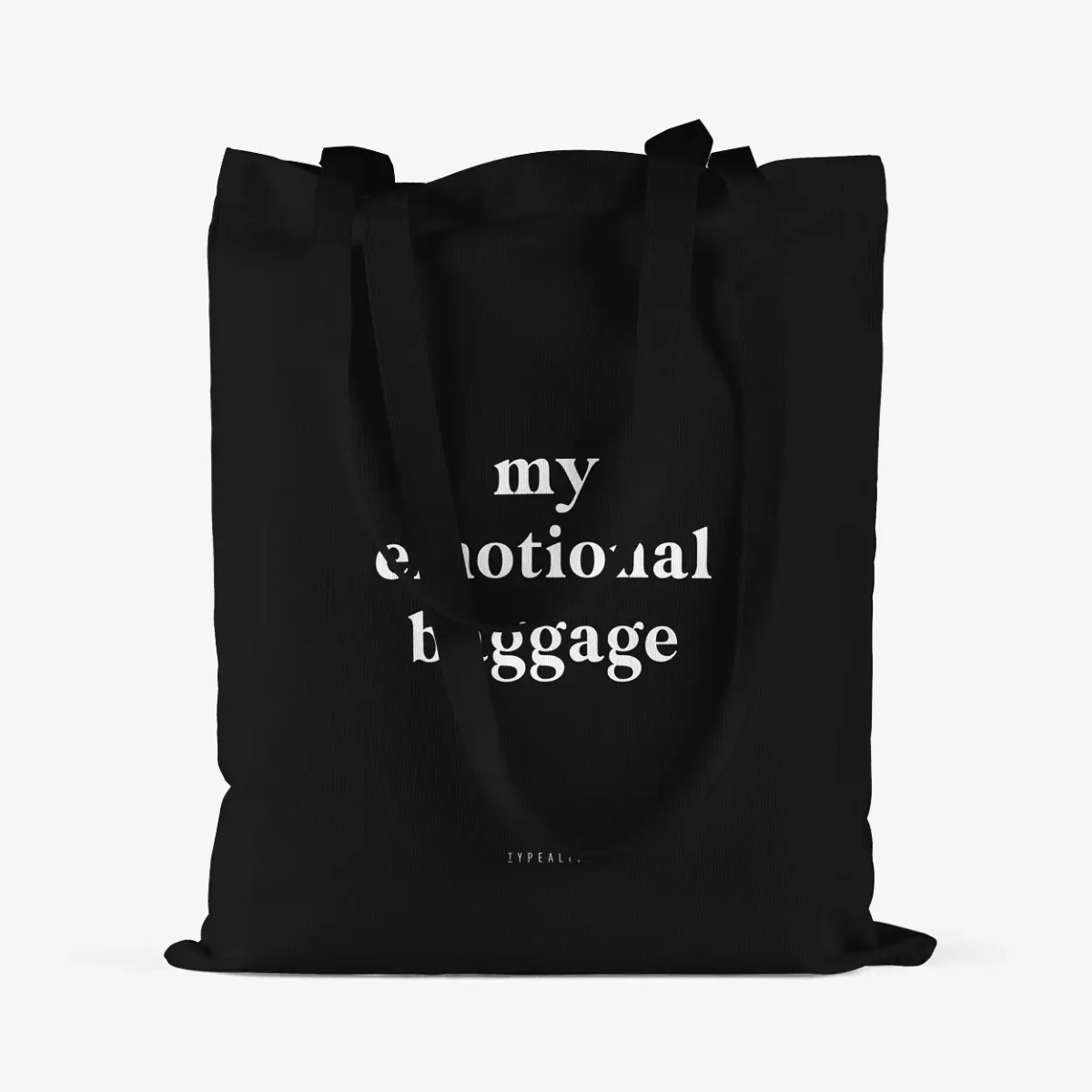 Schwarze Baumwolltasche mit weißem Schriftzug „my emotional baggage
