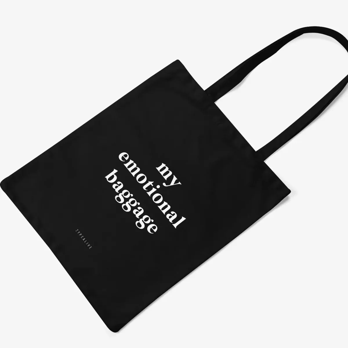 Schwarze Baumwolltasche mit weißem Siebdruck „my emotional baggage