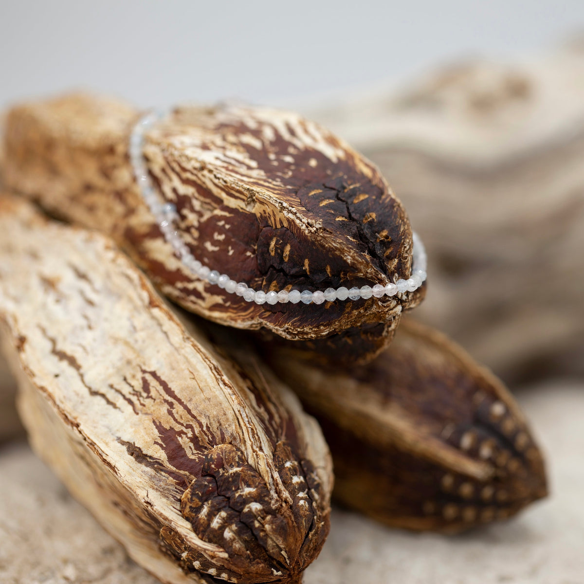 Armband mit rosa Morganit-Perlen und grauem Faden, locker um eine Muschel gelegt, auf Sand und Treibholz.