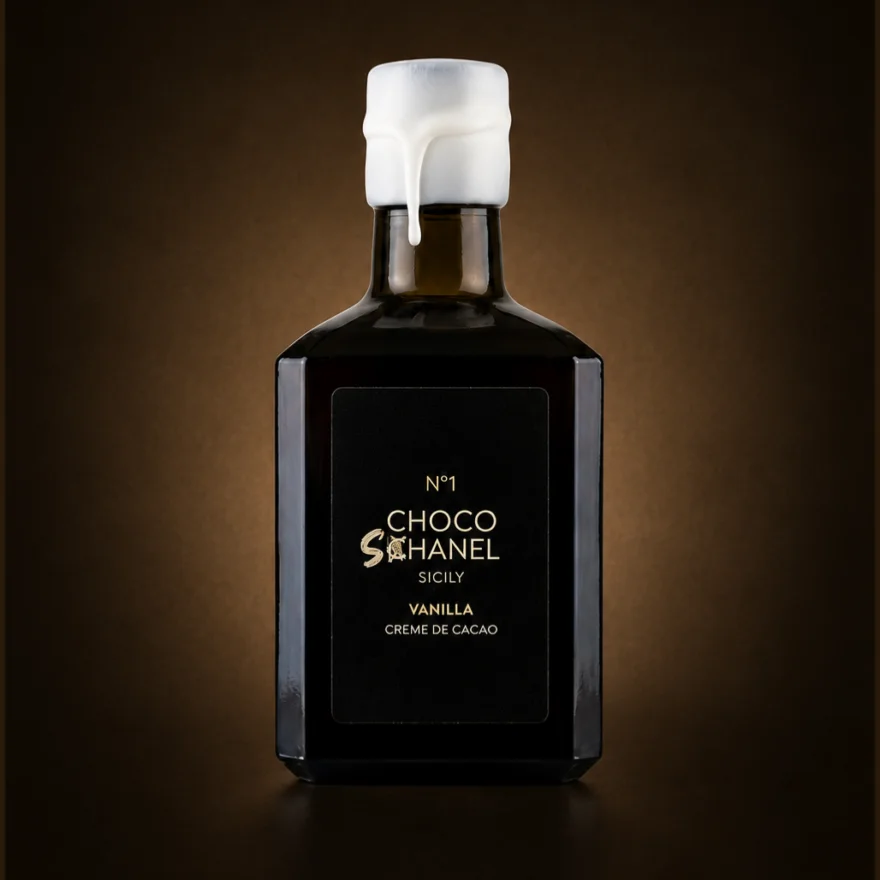 Schokoladenlikör Vanille in dunkler Glasflasche mit weißem Verschluss, Etikett mit Choco Schanel Logo