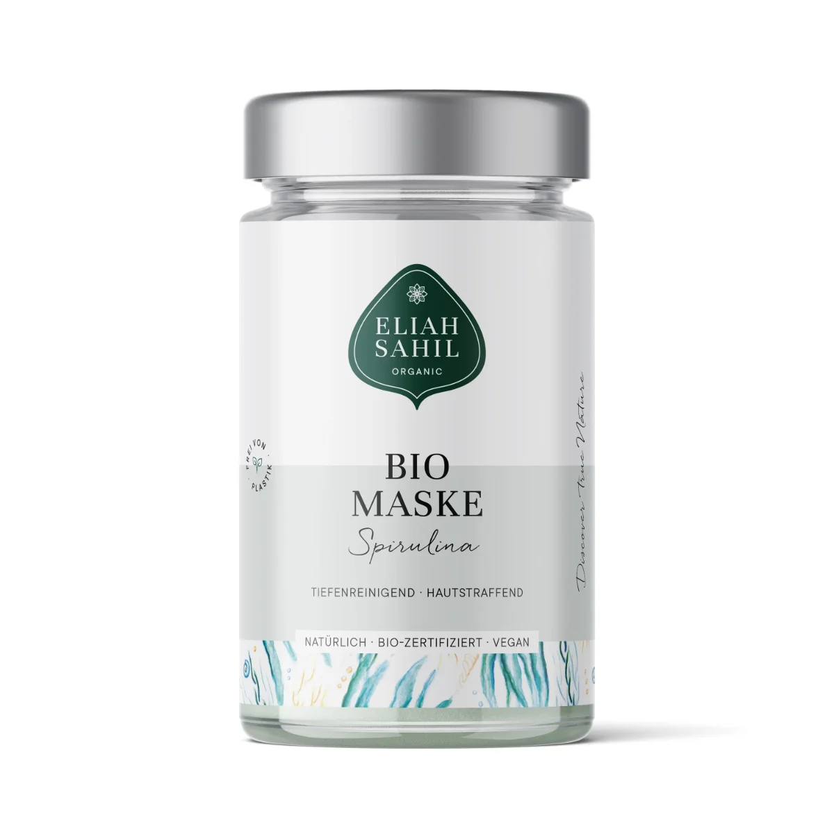 Glasgefäß mit silbernem Deckel, Etikett zeigt Markenlogo und Schriftzug „Bio Maske Spirulina
