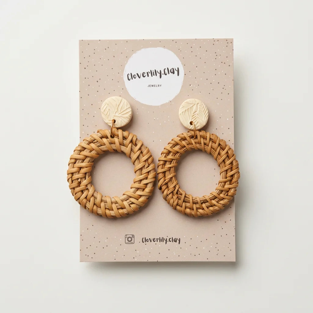 Rattan-Ohrringe mit cremefarbenen Polymer-Clay-Elementen auf Cloverlily.Clay-Karte