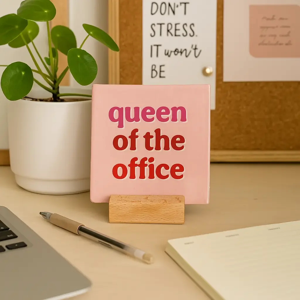 Rosa Keramikfliese mit rotem Text „queen of the office