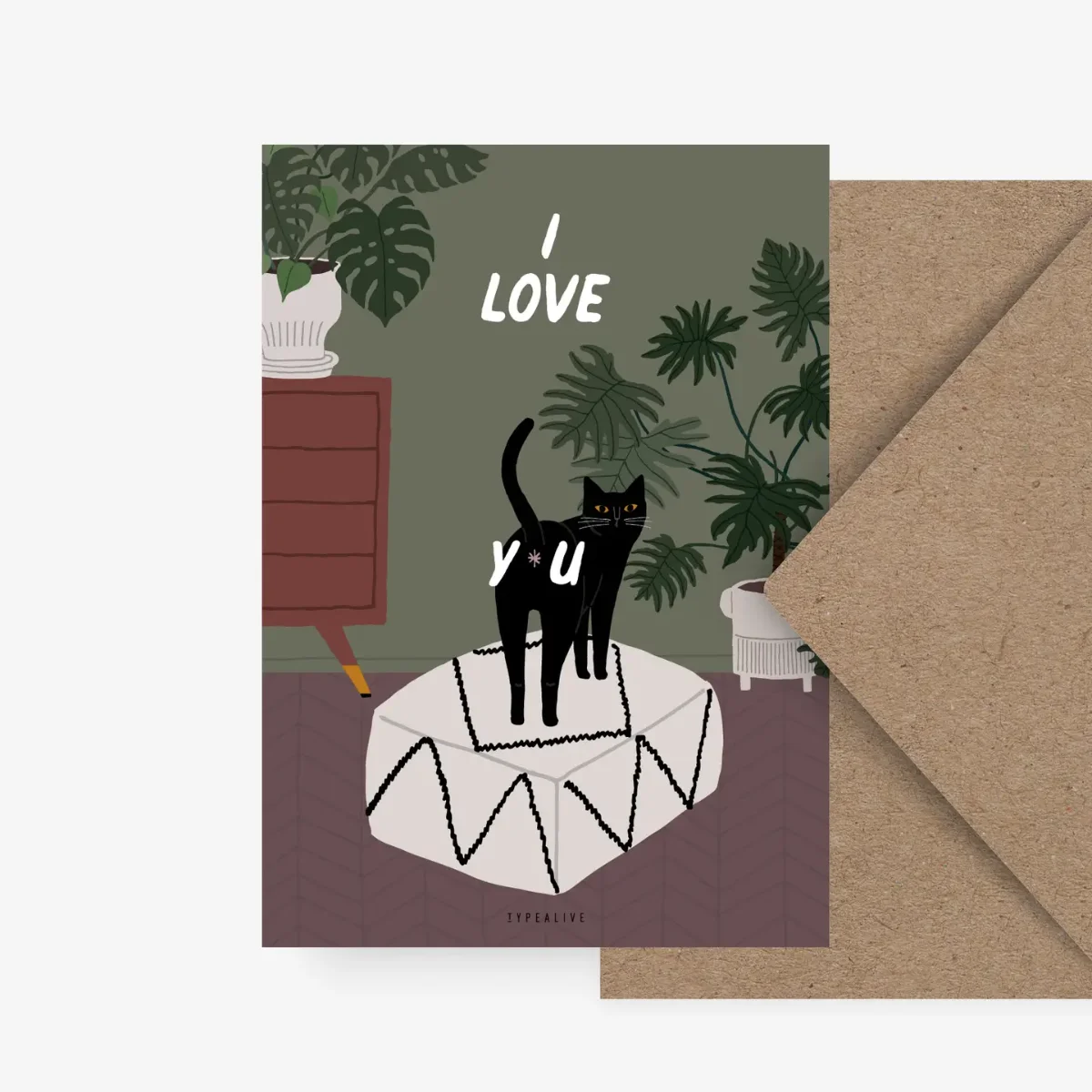 Postkarte DIN A6 mit schwarzer Katze auf Kissen, Pflanze und Text „I love you